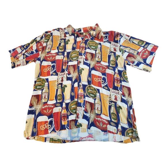 Dem crazy mens 90s vtg beer print hawaiian shirt button up lager draft sz 2XL - Picture 1 of 7